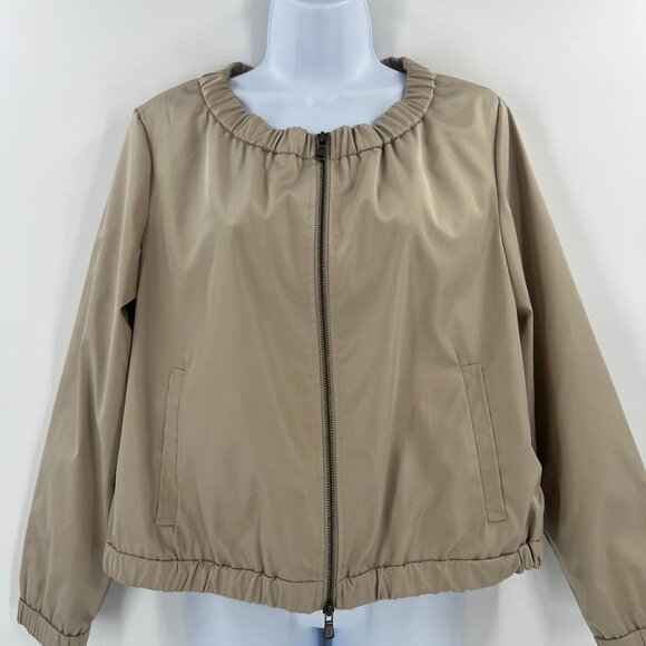 Chico's 1 US 8/M Tan Ruched Collar Bomber Jacket Full Zip Lined Lightweight - Picture 8 of 9